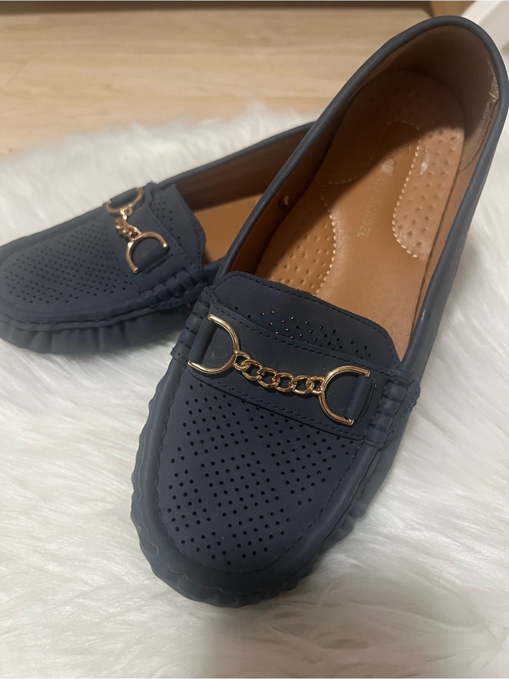 Alexis Bendel Dorothy Navy Perforated Horsebit Driving Loafers Comfort Flat